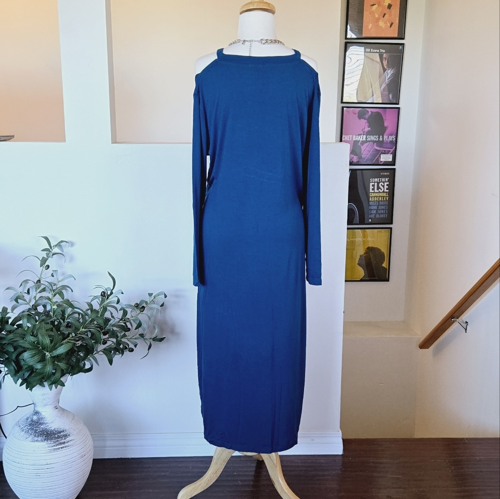 🏷️YANAK Cutout Teal Cotton Spandex Longsleeve Midi Dress XL - Picture 5 of 9